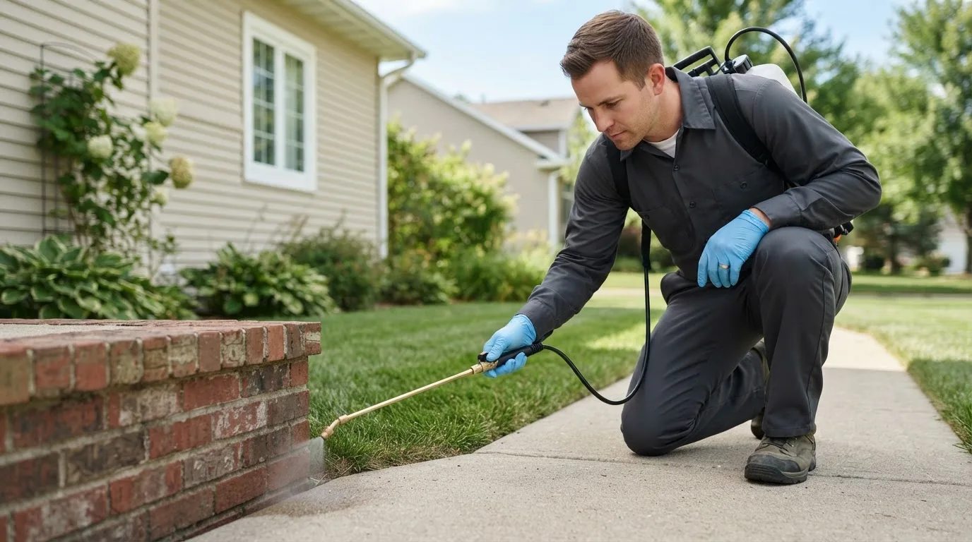 Pest control technician treating a home near Lee, ME