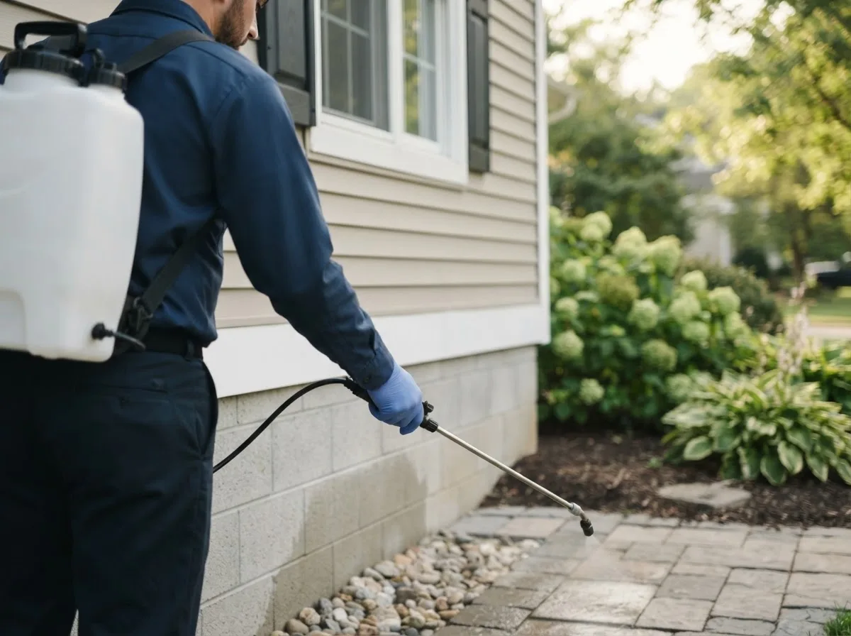 Pest control technician inspecting a home in Lee, ME